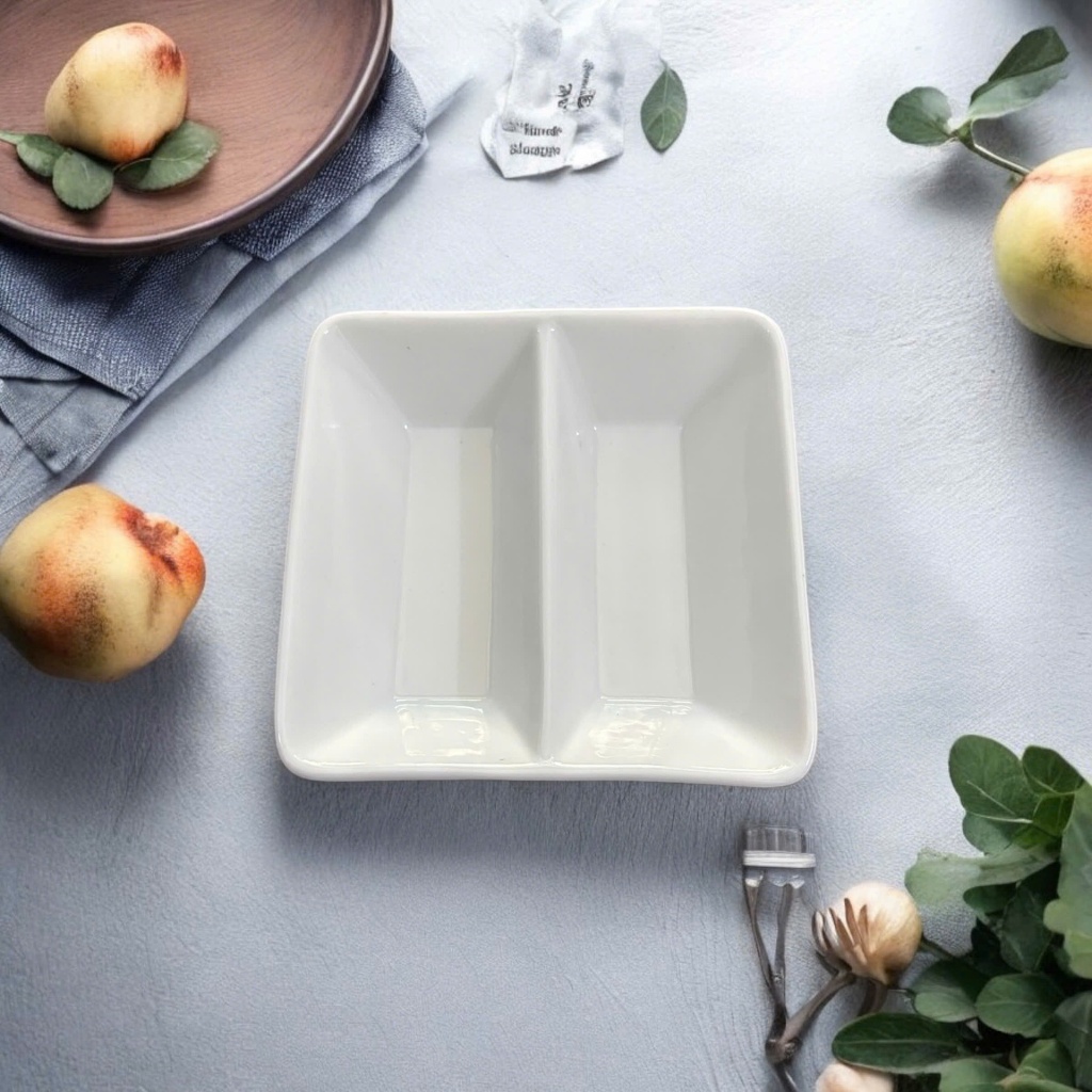 Đĩa 2 Ngăn Sứ Trắng Cao Cấp OHIO. Đĩa Đựng gia vị.