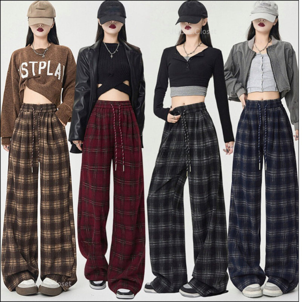  Quần caro ống rộng nỉ dạ dày dặn mềm mịn cạp chun bản to hot trend ống suông dài 100cm phong cách hàn quốc 868 