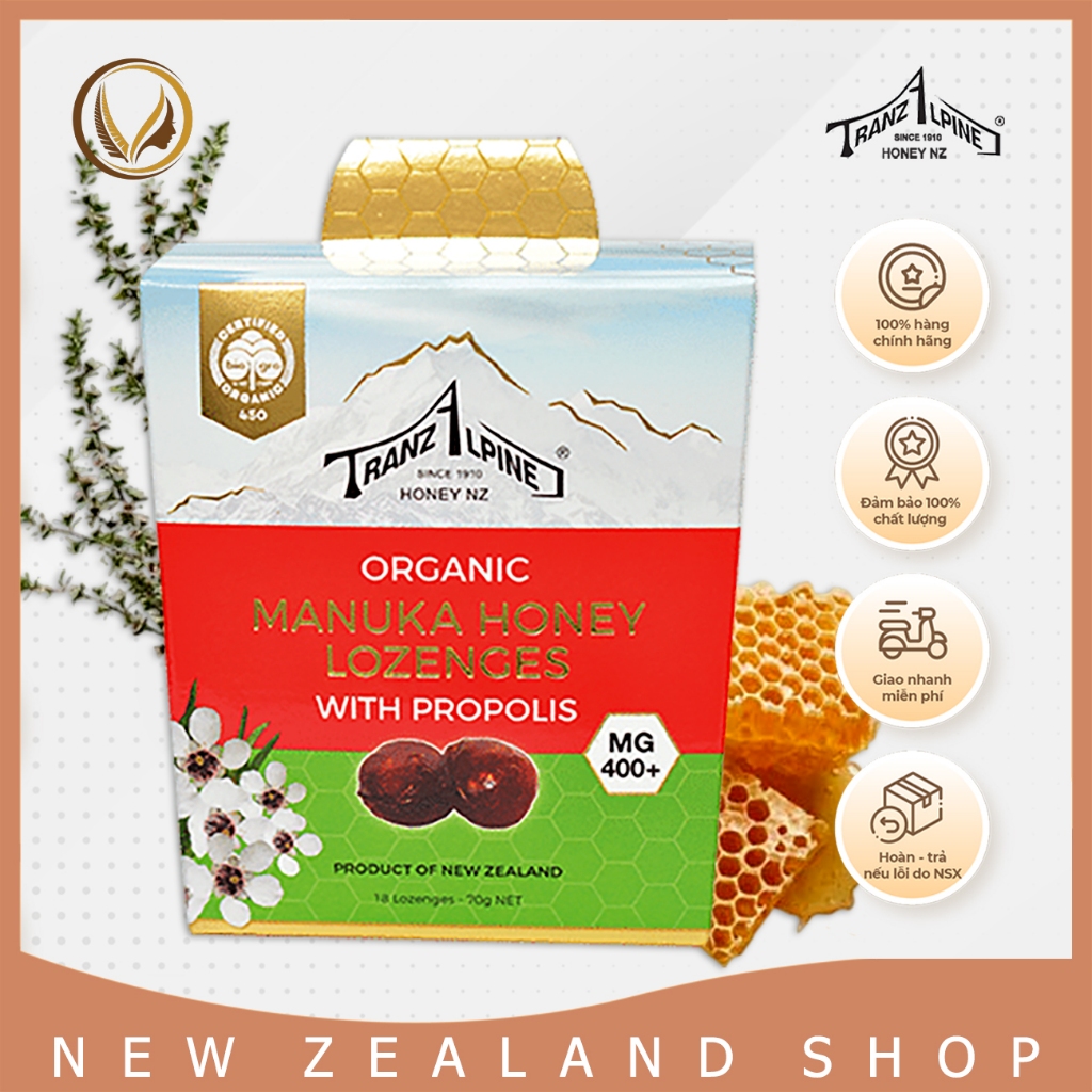 Kẹo ngậm giảm ho, đau họng MG400+ New Zealand TranzAlpine Organic Manuka Honey Lozenges With Propoli