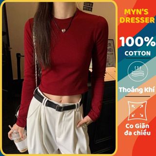 Áo Croptop nữ tay dài Myn ôm body cổ tròn, áo thun baby tee vải cotton màu trắng đen be đỏ nâu MD24.04