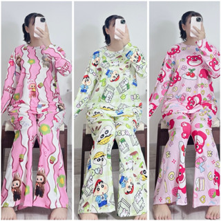  Set Bộ Mặc Nhà Set Bộ Ủ Kem Thun Tăm Lạnh Tay Dài Quần Dài In Hoạt Hình Dễ Thương Áo Nữ 