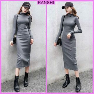  Đầm Body Cổ Lọ RANSHI Dáng Dài Xẻ Sau Váy Dài Tay Ôm Sát Chất Thun Gân Dày Dặn Giữ Ấm Cơ Thể Phong Cách- RBD067 