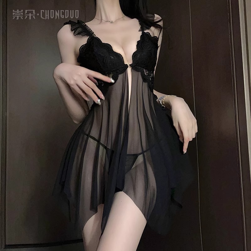 Bộ đồ váy ngủ nữ xuyên thấu phối ren sexy DK249 kiểu đầm 2 dây có mút ngực nhỏ gài trước kèm quần lót gợi cảm | BigBuy360 - bigbuy360.vn