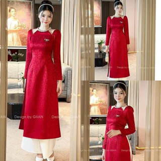 Set áo dài Tết cách tân truyền thống vải gấm xịn kèm phụ kiện cổ yếm đính đá khoét vai phối quần lụa cực xinh