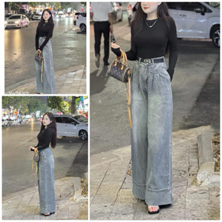 Quần Bò Ống Suông Cạp Cao Gấu To, Xếp Ly, Dáng Ống Rộng Màu Bạc