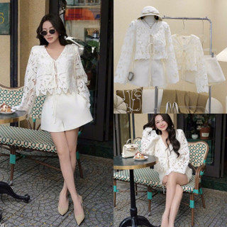 Set Áo Ren Hoa Đục Lỗ Tay Dài Cột Dây Phối Quần Ngắn Tafta Màu Trắng Kem Basic Sang Chảnh