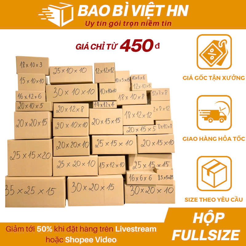 Combo 10 Hộp carton đối khẩu đóng hàng- FULLSIZE, hộp giấy đóng hàng giá rẻ - Bao bì Việt HN