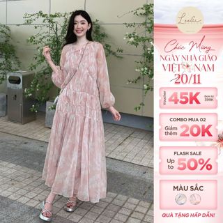 Đầm Voan Hoạ Tiết Hồng Dáng Suông Thiết Kế Sang Trọng LiLiQiQi By LeeGi - DD7517