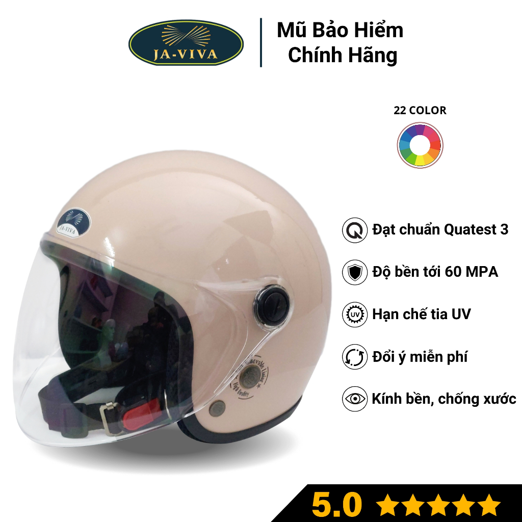 Nón bảo hiểm nam nữ JAVIVA có kính mũ bảo hiểm 3/4 đầu JA08 cao cấp đạt chuẩn Quatest
