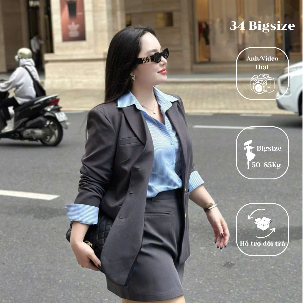 Áo blazer nữ bigsize 34AK045, áo khoác vest công sở 34 Bigsize dài tay 2 lớp phong cách sang trọng