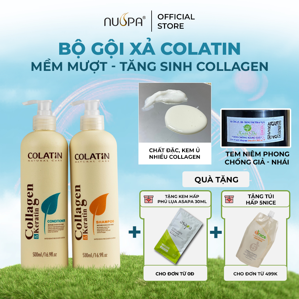 Cặp dầu gội xả chiết xuất tơ tằm COLATIN keratin, collagen phục hồi tóc hư tổn dưỡng tóc 500/1000ml - NUSPAVIETNAM