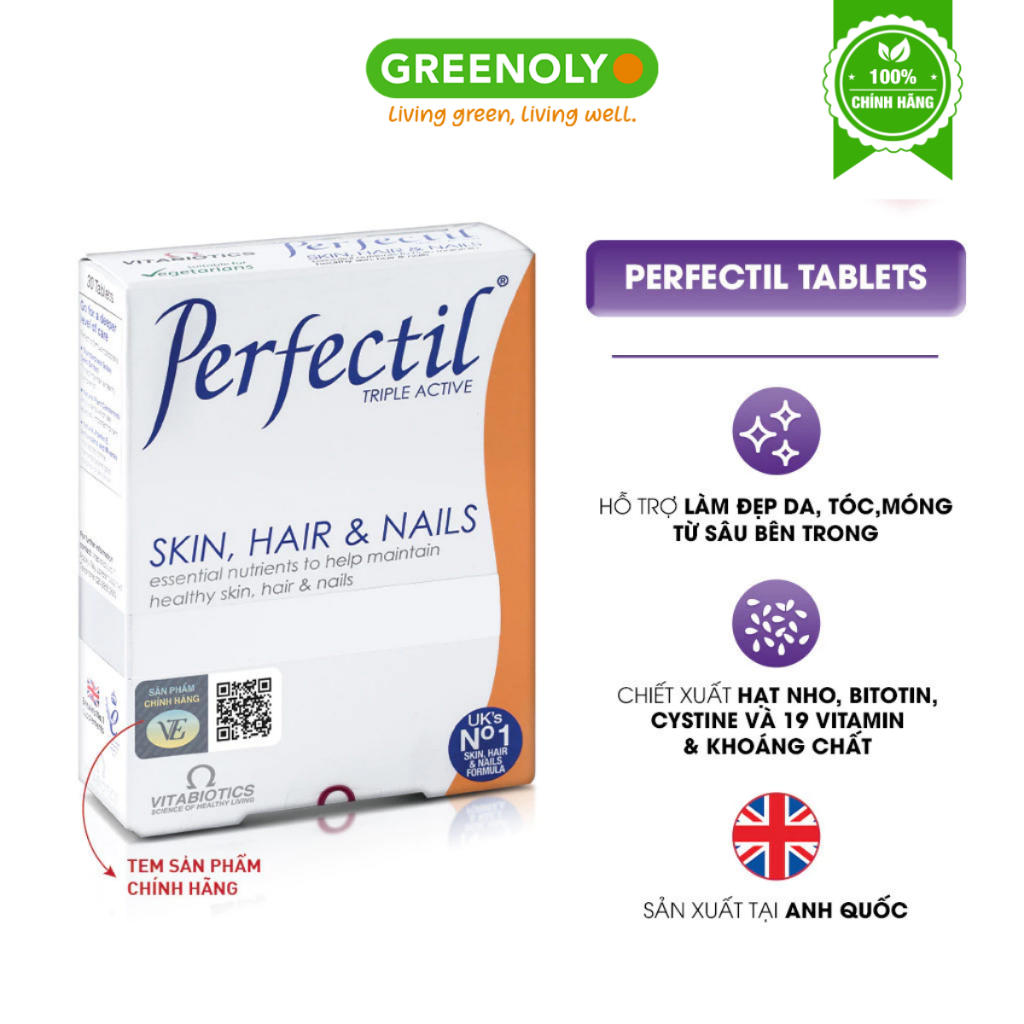 Viên Uống Làm Đẹp Da, Tóc & Móng Vitabiotics PERFECTIL Bổ Sung Biotin Và Vitamin Hộp 30 Viên