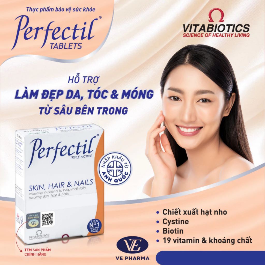 Viên Uống Làm Đẹp Da, Tóc & Móng Vitabiotics PERFECTIL Bổ Sung Biotin Và Vitamin Hộp 30 Viên