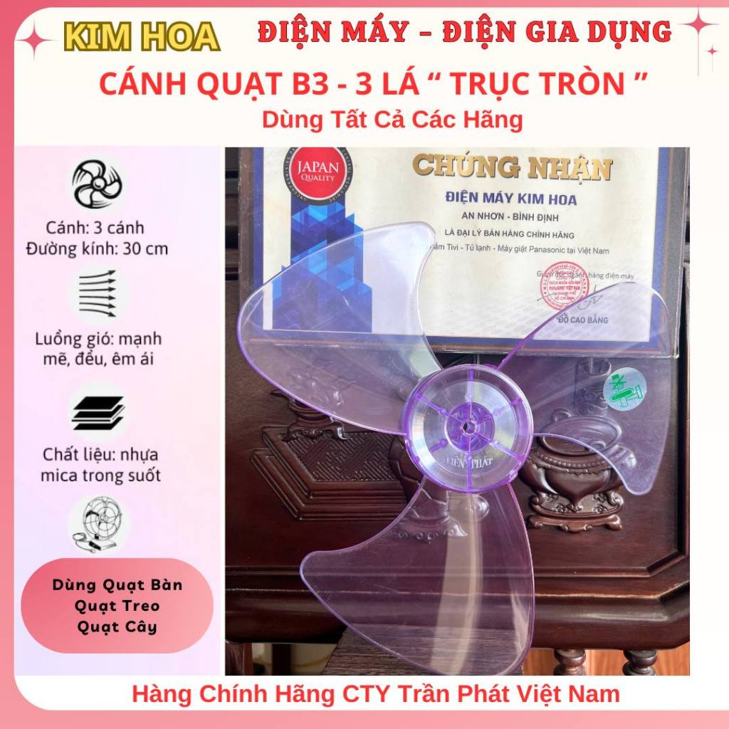 Cánh quạt B3 - 3 lá sải cánh 30cm, HÃNG YANFAN, Cánh Quạt trục tròn, sử dụng tất cả các hãng