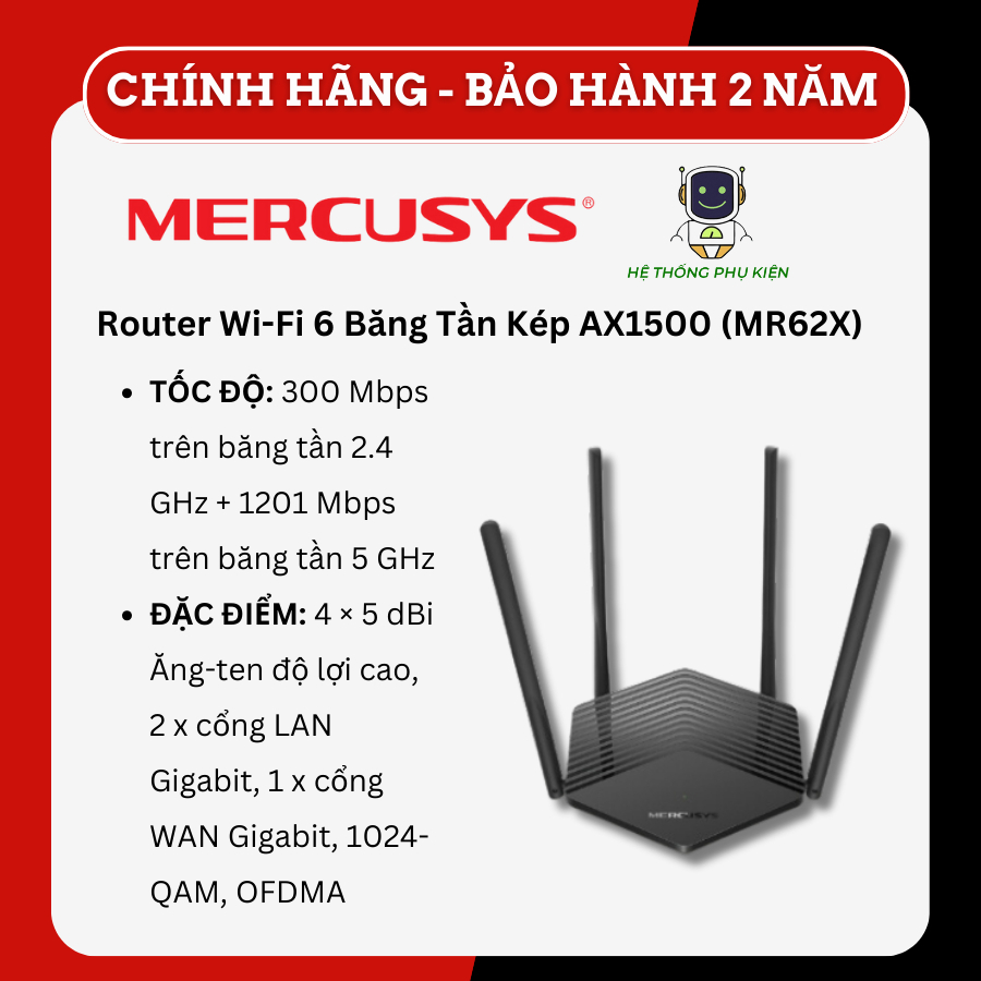 [Hỏa Tốc] Bộ Phát Wifi 6 Mercusys MR62X Chuẩn AX Tốc Độ 1500Mbps - HÀNG CHÍNH HÃNG, BẢO HÀNH 2 NĂM
