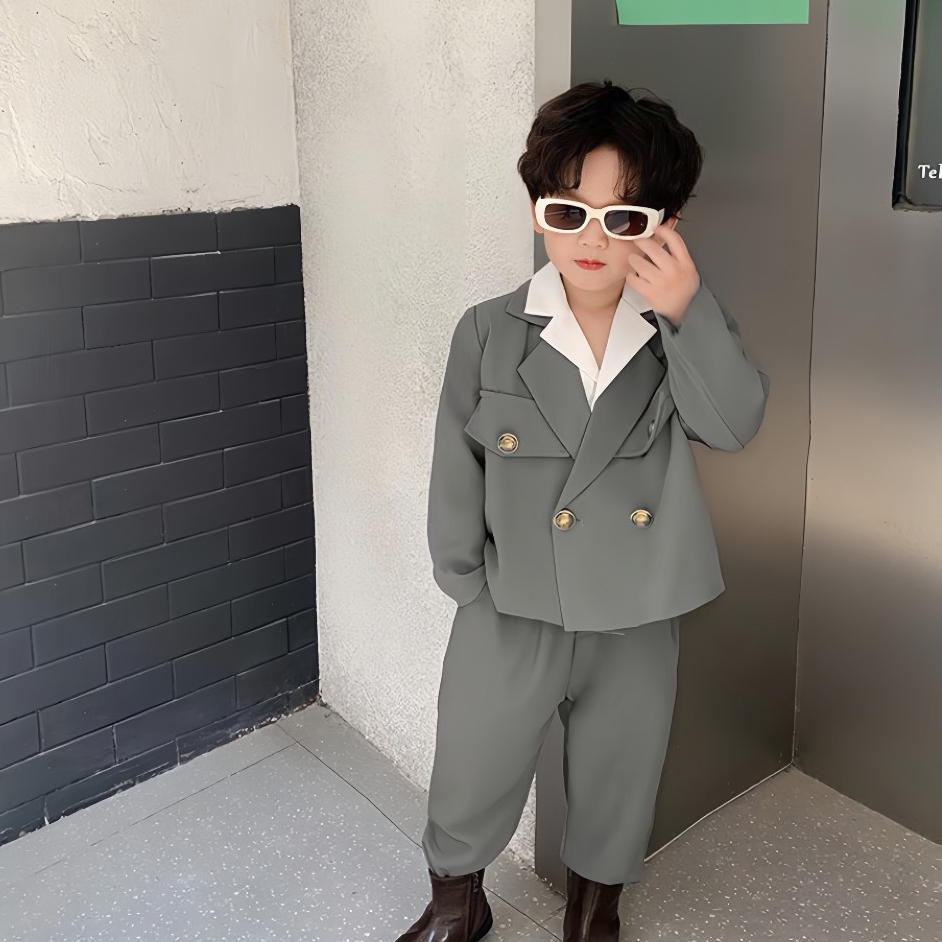 Bộ vest dài tay bé trai kèm sơ mi phối cúc đồng Fbaby