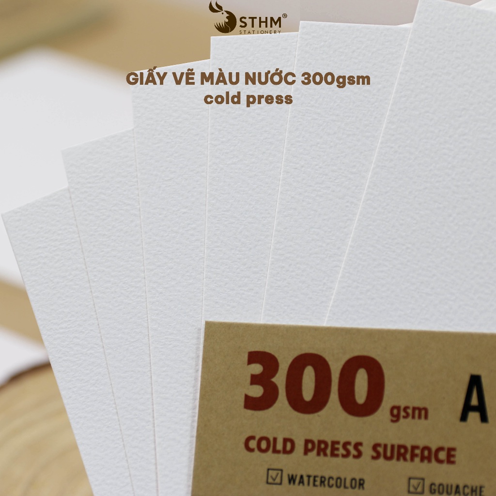 Giấy vẽ 300gsm vân coldpress, vẽ màu nước, Gouache,sáp dầu, acrylic, marker touchliit - STHM PPS