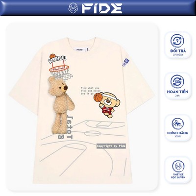 Áo thun FIDE TEEDY phông cotton unisex nam nữ form rộng cổ tròn áo đính gấu - AT37(TẶNG KÈM GẤU)