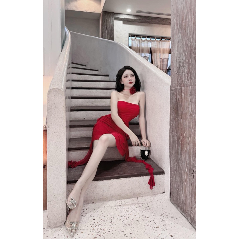 Đầm cúp tua rua lưới tầng hoa hồng hình thật cao cấp