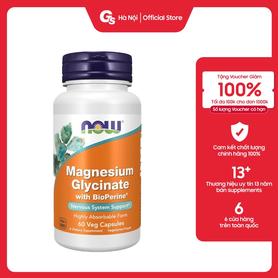 Viên uống Now Magnesium Glycinate with BioPerine - Hỗ trợ giảm stress, ngủ ngon nhập Mỹ - Gymstore
