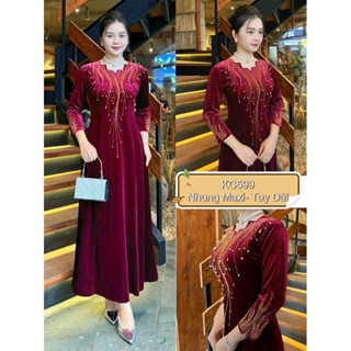 Đầm Nhung Dạ hội Tay Dài Chất Tuyết Nhung Loại 1 Yasu Yasu  Đá DMC cao cấp kết hợp điểm nhấn Ngọc trai Thanh Lịch