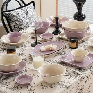 Set bát đĩa gốm men bóng viền trân châu nhí viền uốn gam màu tím pastel & trắng kem