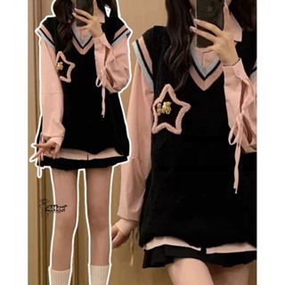 CÓ SẴN Set áo gile len cổ V mix sơ mi dài tay màu hồng thắt nơ điệu đà cho mùa thu đông