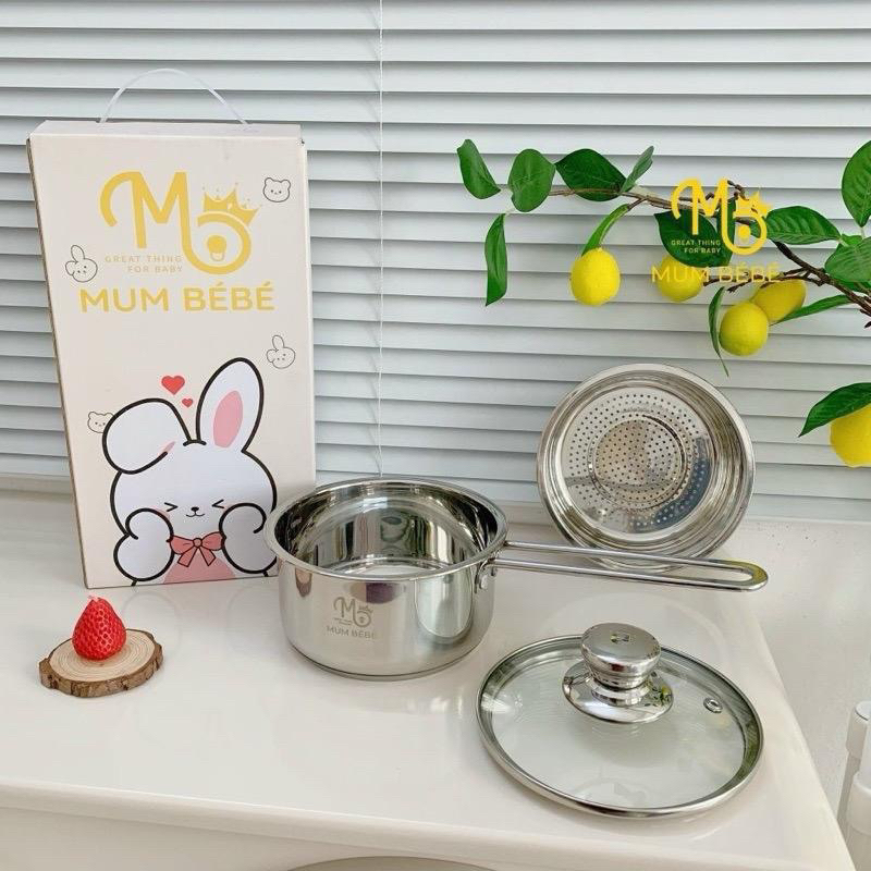 Bộ Nồi Quánh bột, nấu cháo,  chảo chiên rán cho bé nhà Mum Bébé bằng inox 304 cao cấp ( kém xửng hấp