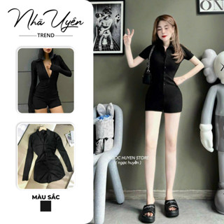 Jumpsuit thời trang nữ mặc đi chơi đi biển siêu hot chất thun gân cổ v cài nút sơ mi tay dài ôm body 1 màu - NHÃ UYÊN