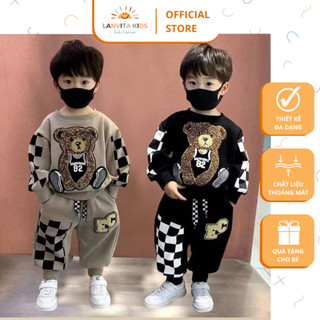 Bộ đồ nỉ bé trai hình gấu chất vải cotton cao cấp size từ 8-25kg, thời trang mùa thu đông ấm áp | LANVITA KIDS