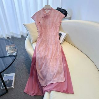 Sườn xám cách tân nữ hán phục đầm sườn xám truyền thống màu hồng kèm chân váy dài từ 45-60kg