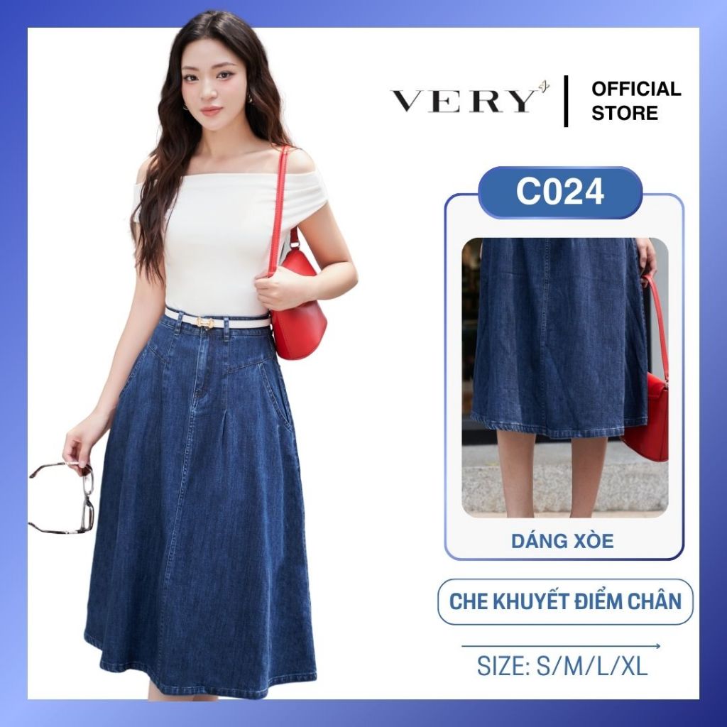 Chân Váy jean nữ dáng xòe VERY+ C024 cạp liền co giãn, lưng cao tôn dáng,thời trang công sở