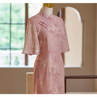  Sườn xám cách tân nữ hán phục đầm sườn xám truyền thống màu hồng họa tiết lá tre có váy trong từ 45-60kg mã 9434 