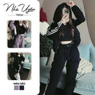 Set bộ nỉ bông thể thao cá tính, năng động, áo tay dài có nón khóa kéo phối quần dài ống bo chạy sọc viền - NHÃ UYÊN