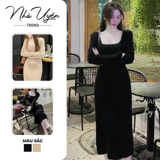  Đầm fashion nữ đầm body dáng dài xòe cổ vuông tay dài siêu tôn dáng thanh lịch nhẹ nhàng cho nàng dạo phố đi cafe 