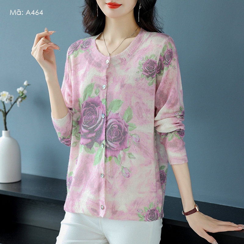 Áo khoác len cardigan dài tay KAMAKA cổ tròn in bông hồng - A464