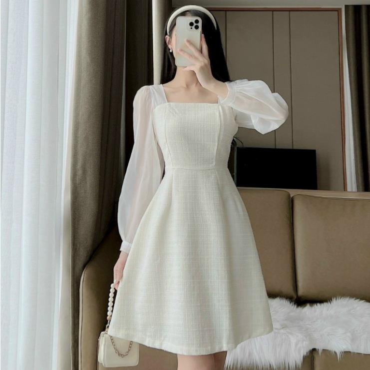 Váy dạ tweed cổ vuông tay phối tơ mềm mại thiết kế Deloga_officialVáy 2 tay dáng ngắn đi biển, đi chơi sang chảnh_munn