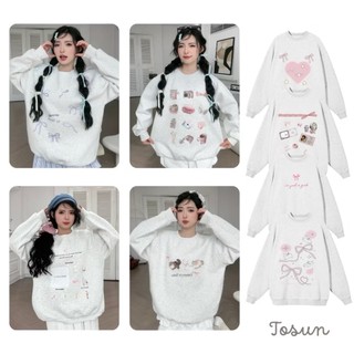  Áo sweater cổ tròn BST nỉ bông xám trắng form rộng nhiều hình phong cách Coquette unisex S22 