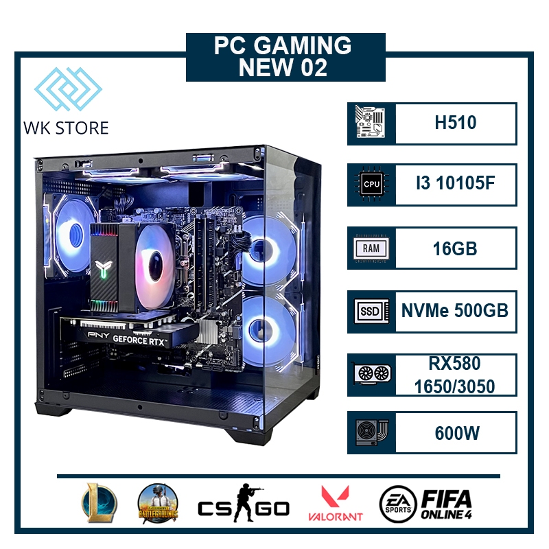  Thùng PC Gaming NEW-02 Core I3 10105F Ram 16GB VGA RX 580  GTX 1650   RTX 3050 Mới  BH 36T  