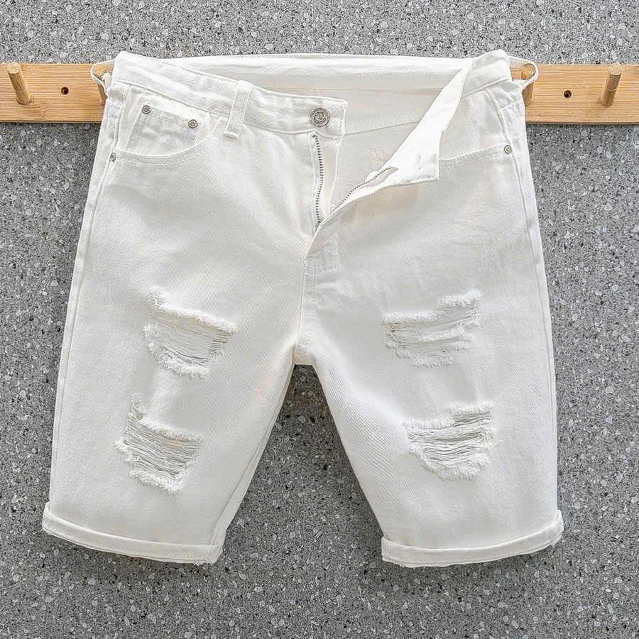 Quần short jean nam boy phố chất jean cotton cao cấp màu trắng rách bụi bặm QS7A242A