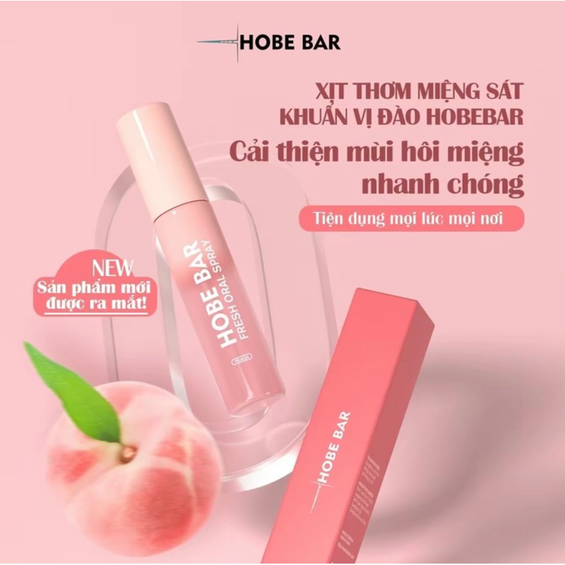 Xịt thơm miệng Hobebar 20ml diệt khuẩn thơm mát vị đào và vị bạc hà khử mùi hôi chỉ trong 3s giúp bạ