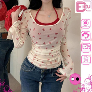 Set áo voan nữ lệch vai tay dài kèm bra màu đỏ Điệu Fashion, Áo kiểu nữ sexy dáng dài ôm body in nơ Hàn Quốc - A125