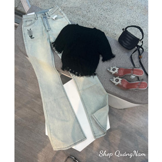 Quần jeans nữ ống loe Dáng dài Chất quần bò co giãn Fom quần ôm Thêu chữ YS Hàng Qccc