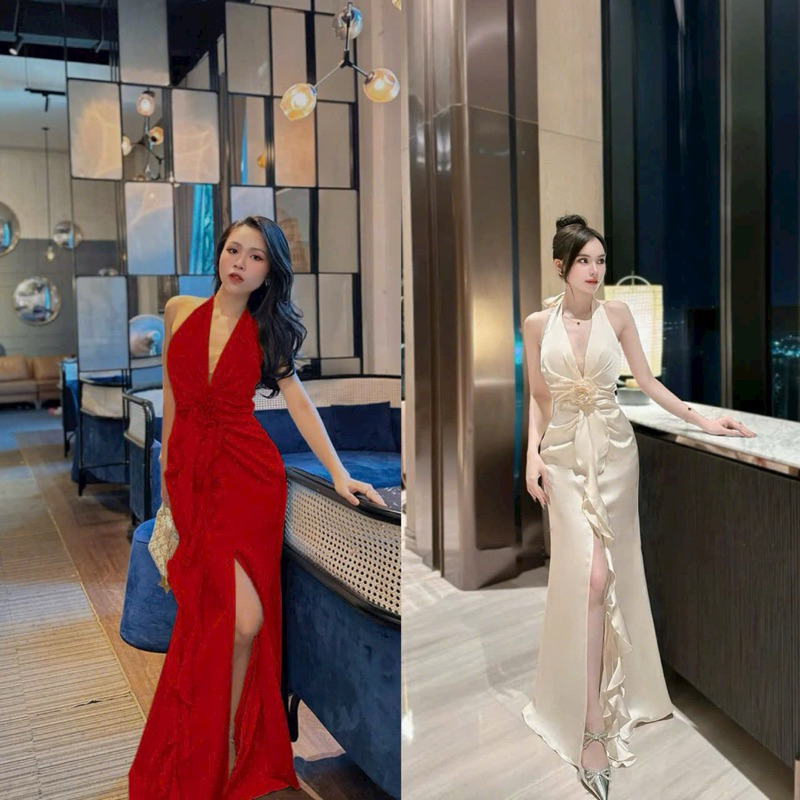 PYB380.. Dạ hội cổ yếm nhún bèo xếp ly tôn dáng