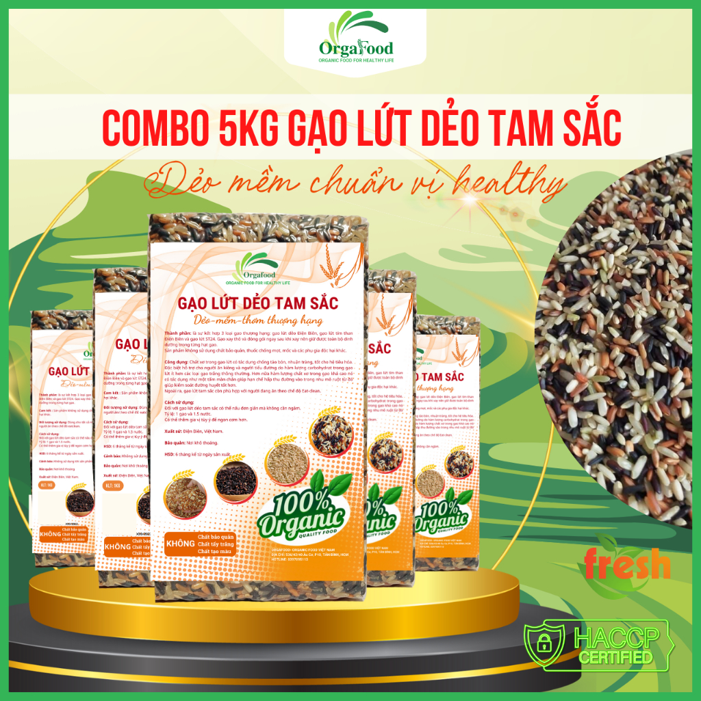  5kg Gạo lứt dẻo tam sắc Điện Biên Orgafood gạo lức ăn kiêng giảm cân không cần ngâm 