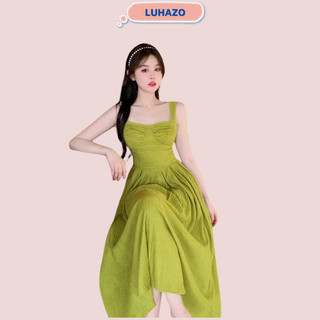 Váy đầm cho nữ 2 dây maxi body dáng dài babydoll hở vai chiết eo tôn dáng màu xanh nổi bật tông da nhập QC  8535 T7T2