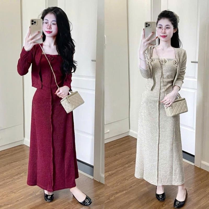  Set Váy Hoa Nổi 2 Dây Kèm Áo Khoác Ngoài Đầm Body Len Gân Đính Hoa Mix Áo Cardigan Dài Tay 
