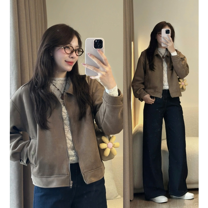 (ẢNH OLDSCHOOL) Áo da lộn nữ mềm form vừa dáng ngắn A700