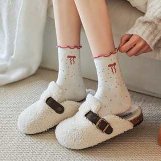 COMBO 5 Tất Vớ Nữ Cổ Cao Cotton Nơ Muối Tiêu Phối Viền Bèo Phong Cách Hàn Quốc