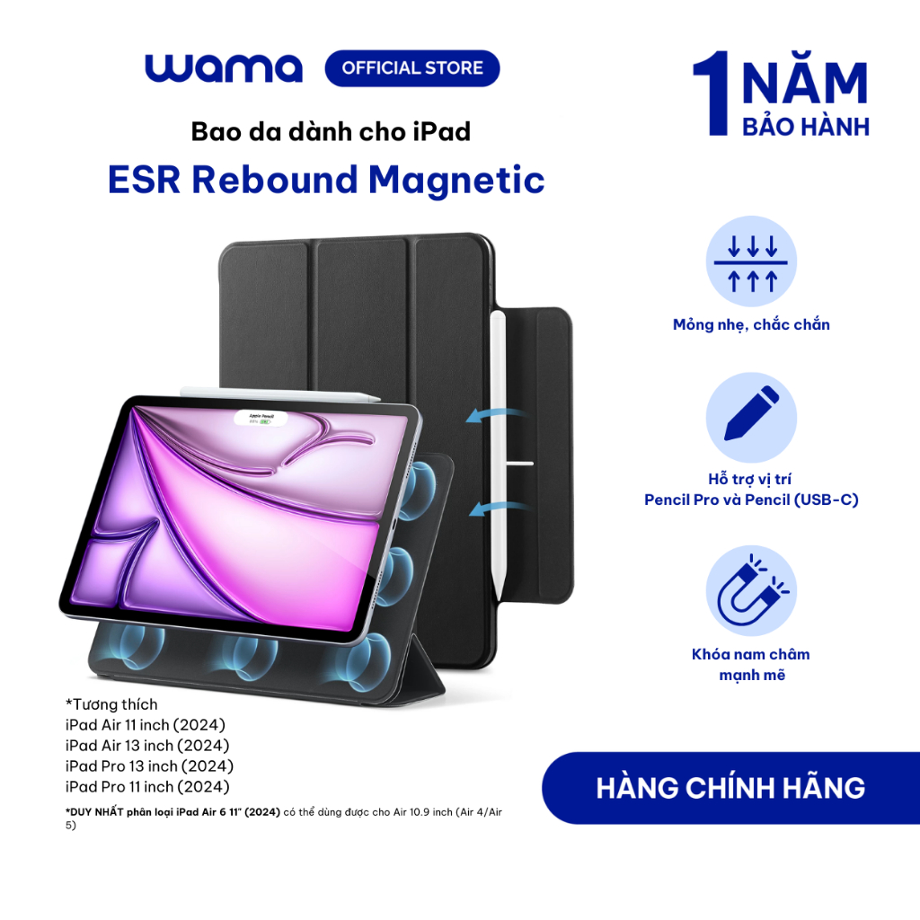 Ốp lưng ipad ESR Rebound Magnetic chất liệu cao cấp phủ da PU cho Air4/5/6/7 và Pro M4/M5 gọn nhẹ ch
